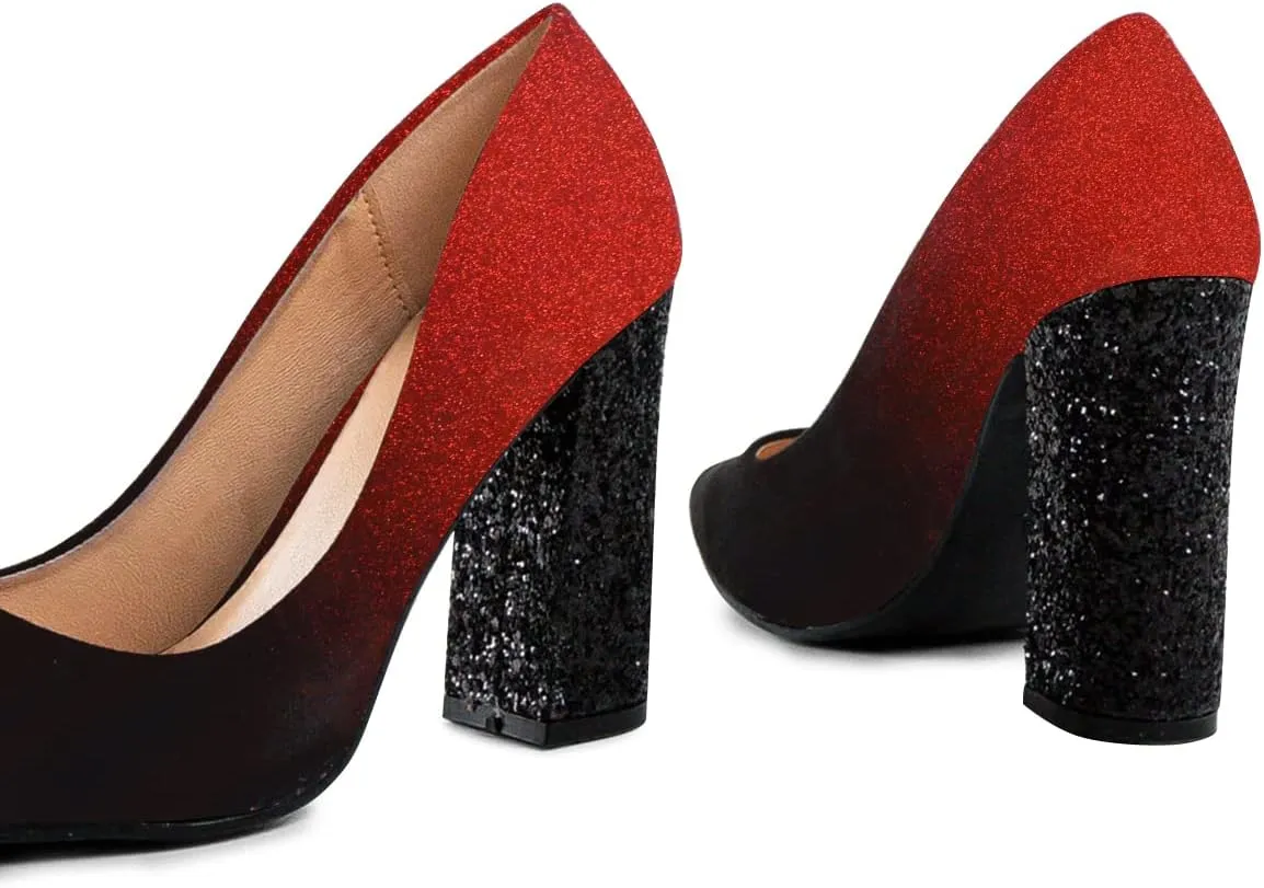 FSJ Women Sparkling Glitter Chunky High Heel Suede Pumps Closed Pointed Toe Slip On Block Heel Ladies Classic Basic Office Outfit Shoes Size 4-15 US