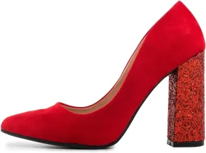 FSJ Women Sparkling Glitter Chunky High Heel Suede Pumps Closed Pointed Toe Slip On Block Heel Ladies Classic Basic Office Outfit Shoes Size 4-15 US