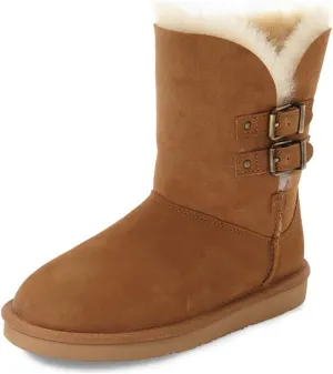 FSJ Women's Mid Calf Fully Fur Lined Winter Snow Boot with Chic Buckles Flat Shoe 4-15 US