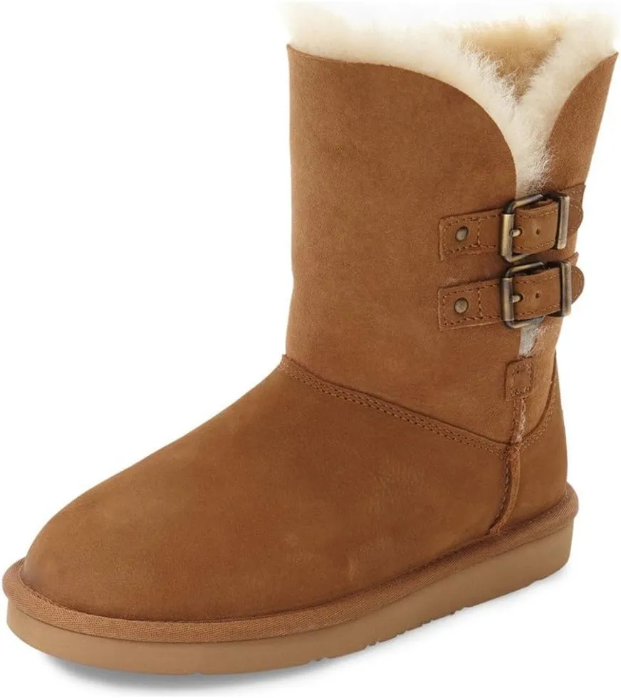 FSJ Women's Mid Calf Fully Fur Lined Winter Snow Boot with Chic Buckles Flat Shoe 4-15 US