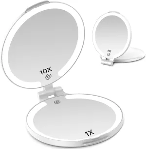 FUNTOUCH Travel Mirror with Light, 1X/10X Rechargeable Portable Magnifying Mirror with Light, Touch Switch & Adjustable Brightness Makeup Mirror for Plucking Eyebrows (7in)