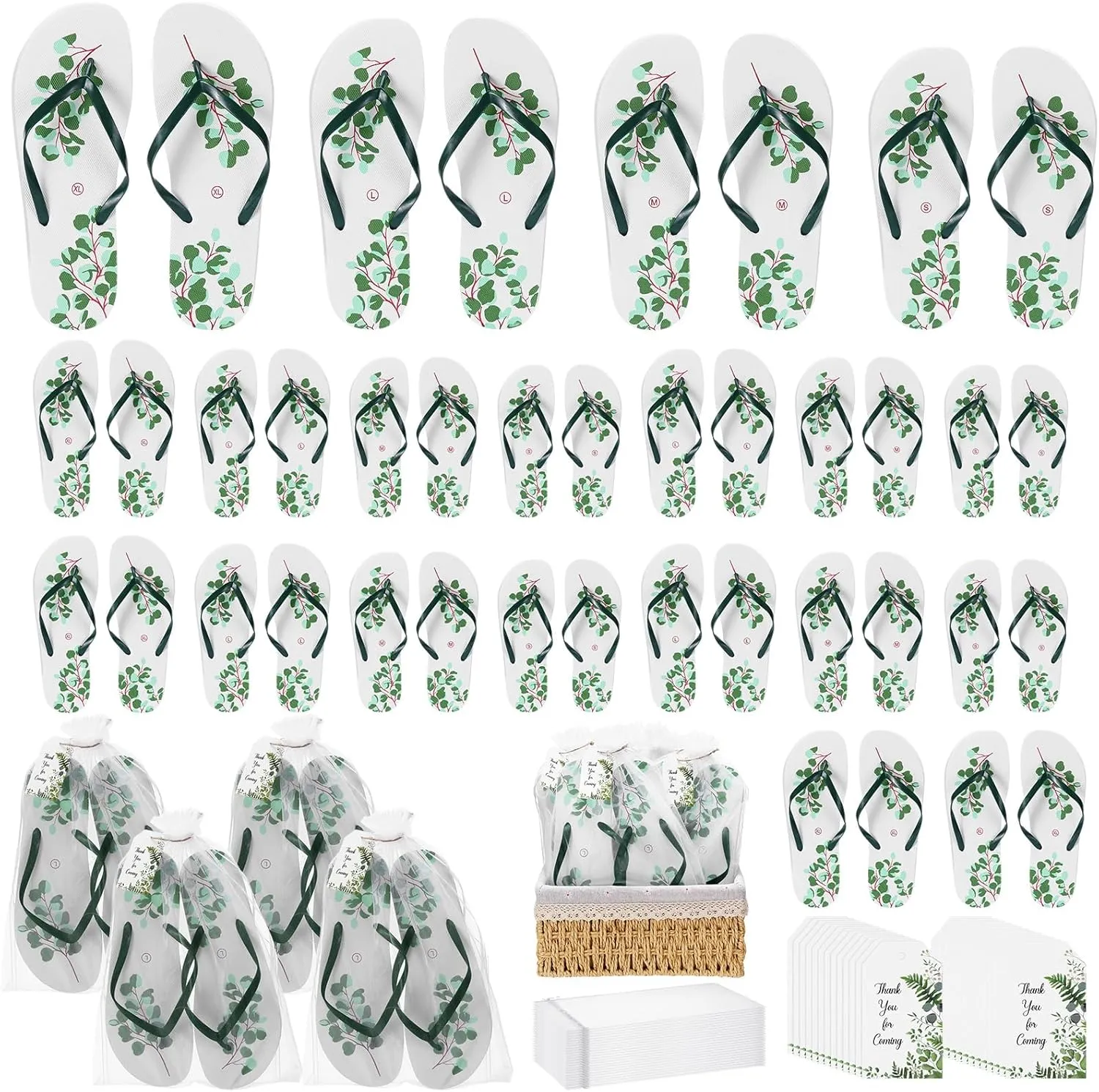 Geyoga 24 Pairs Flip Flops Bulk for Wedding Guest Eucalyptus Theme Slippers with Cards Bags Wedding Party Favors for Pool Beach Party