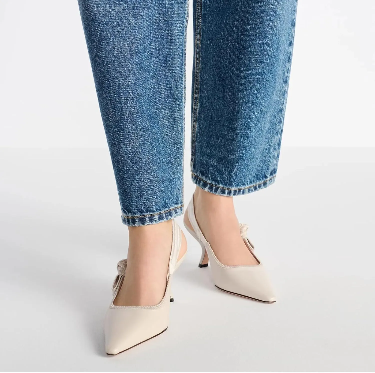 Goolita Pointed Closed Toe Embroidered Slingback Heels for Women, Bow Kitten Heels Mesh Pumps Backless Party Bridal Shoes for Wedding