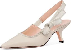 Goolita Pointed Closed Toe Embroidered Slingback Heels for Women, Bow Kitten Heels Mesh Pumps Backless Party Bridal Shoes for Wedding
