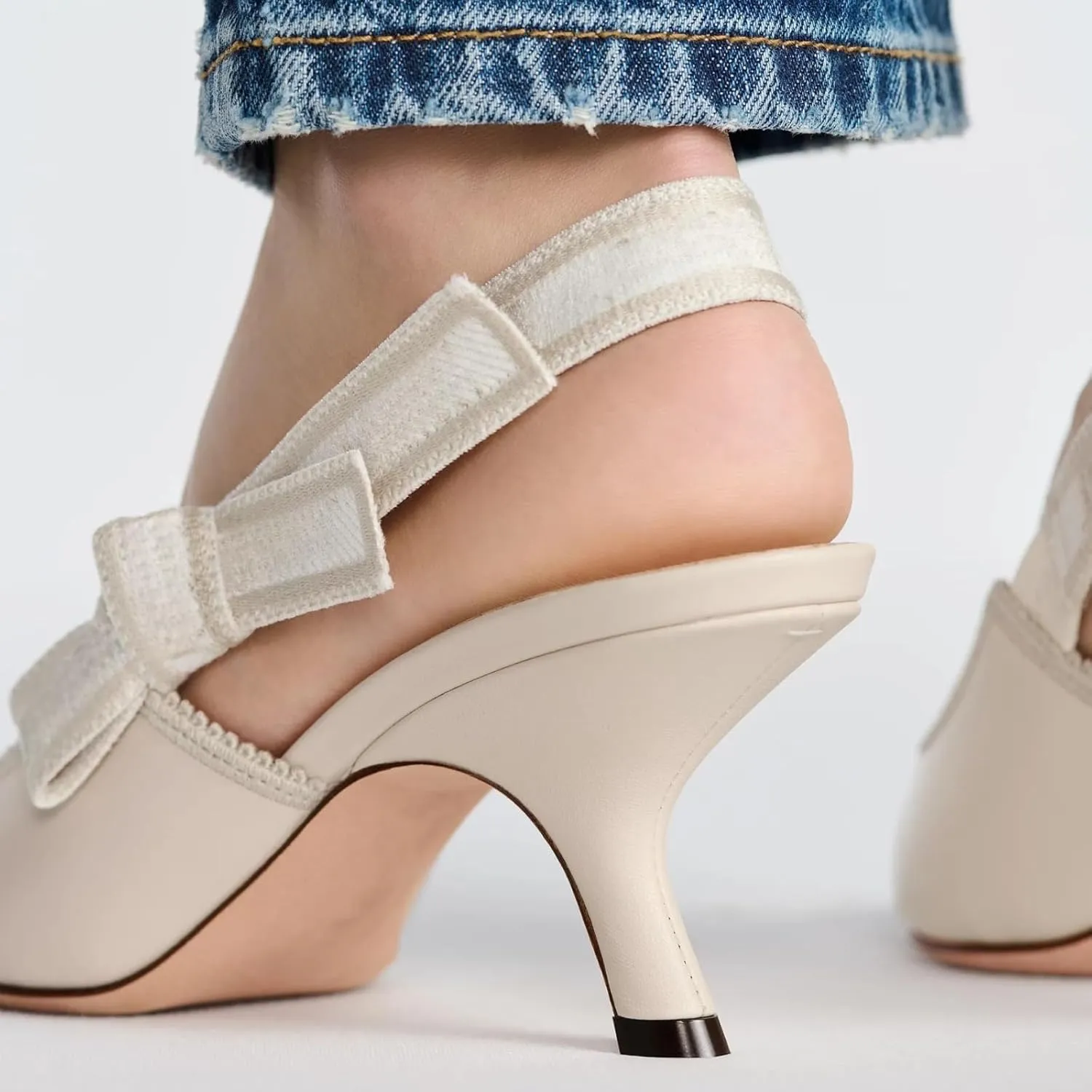 Goolita Pointed Closed Toe Embroidered Slingback Heels for Women, Bow Kitten Heels Mesh Pumps Backless Party Bridal Shoes for Wedding