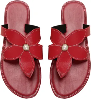 GORGLITTER Women's Pearls Floral Thong Sandals Open Toe Flip Flops Pu Leather Dressy Slippers