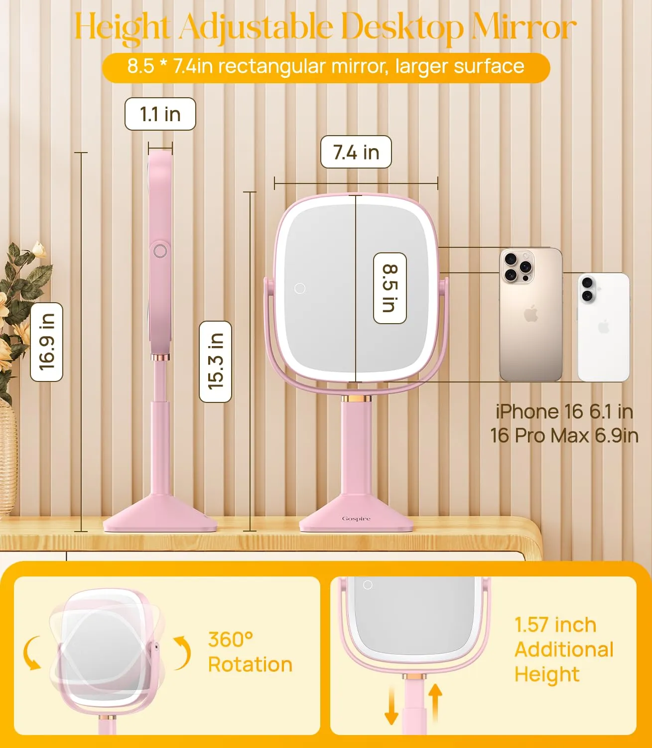 Gospire Rectangle Lighted Makeup Mirror with Lights 3 Color, Height Adjustable and 1X/10X Magnifying, 4000mAh Rechargeable Battery for Bedroom, 8.5”x7.4” Large Surface, Stepless Dimming - Pink