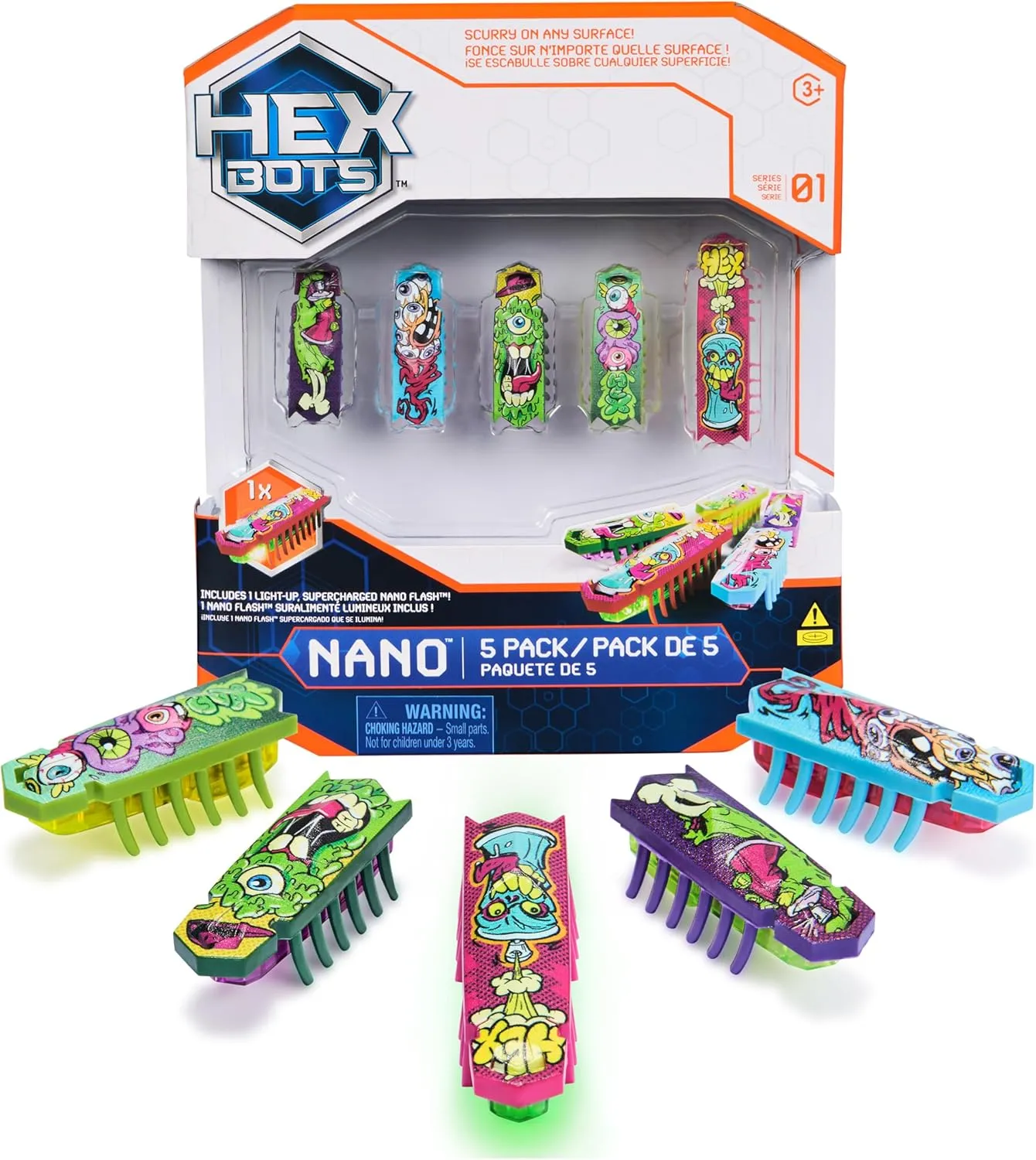 HEX BOTS Nano 5 Pack, 4 Mini Bots with Bonus Flash Bot, Sensory Toy for Kids & Cats, Vibration Technology, Mini Robot Toy for Kids 3 & Up