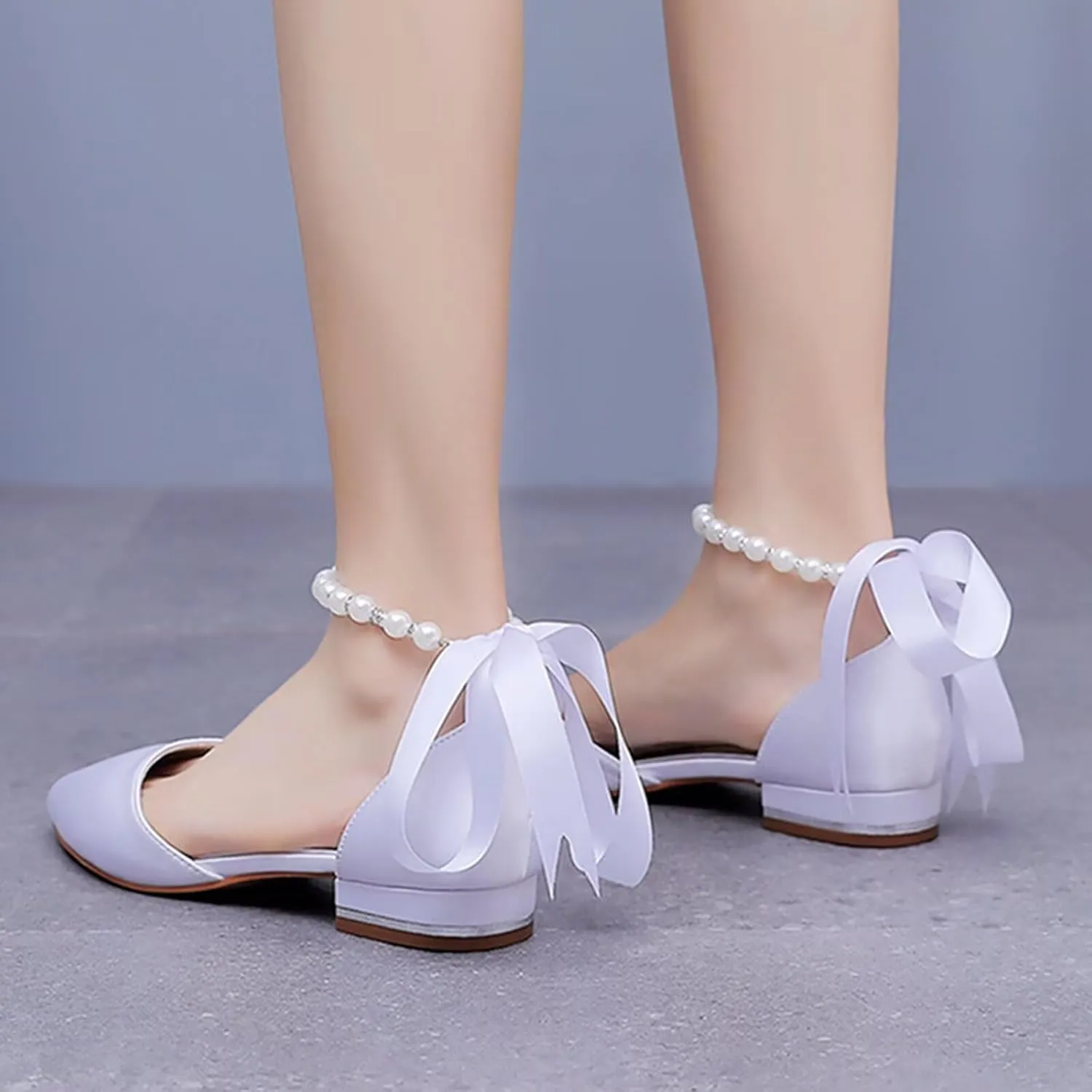 HNVAVQ Women Pointed Toe Bridal Flats Pumps Satin Wedding Dress Shoes Ballet Flats Pearls Ankle Strap Evening Party Chunky Block Low Heels Sandals