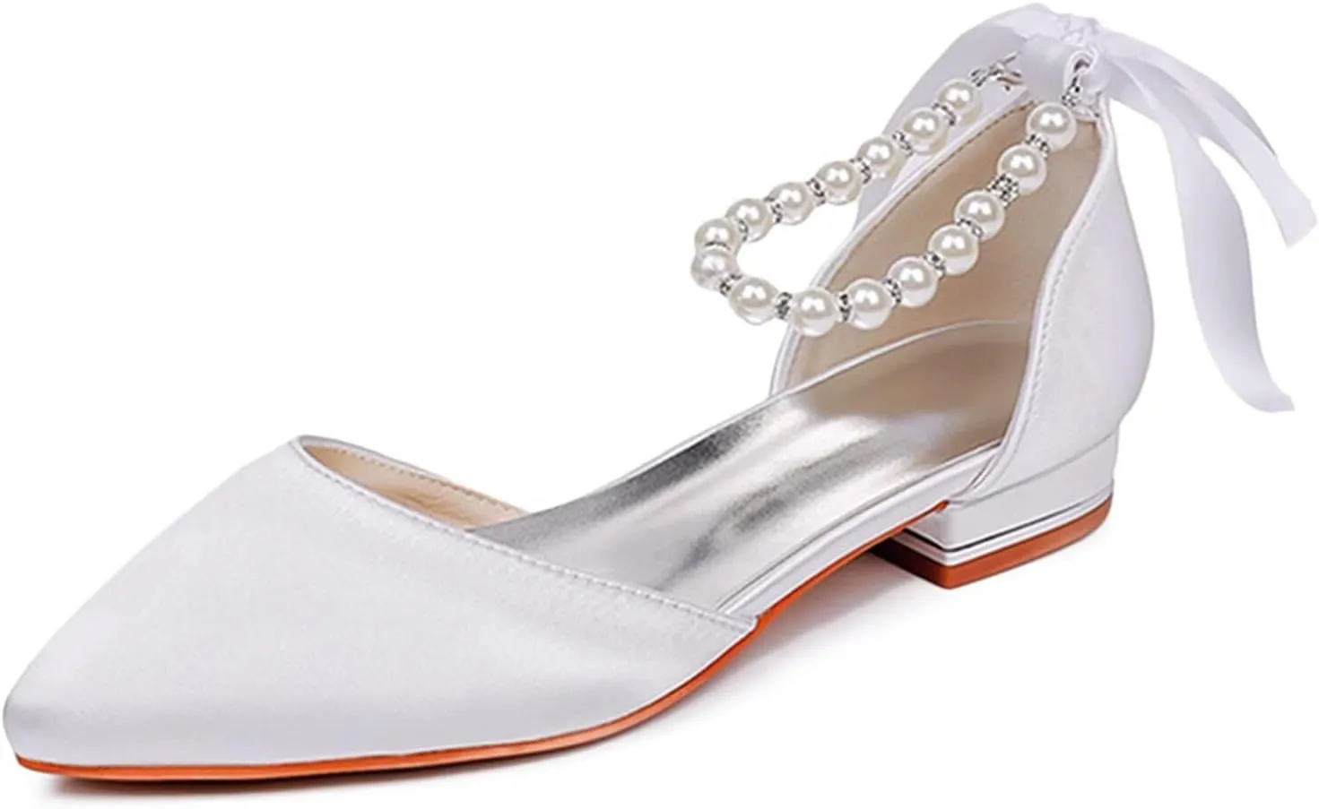 HNVAVQ Women Pointed Toe Bridal Flats Pumps Satin Wedding Dress Shoes Ballet Flats Pearls Ankle Strap Evening Party Chunky Block Low Heels Sandals