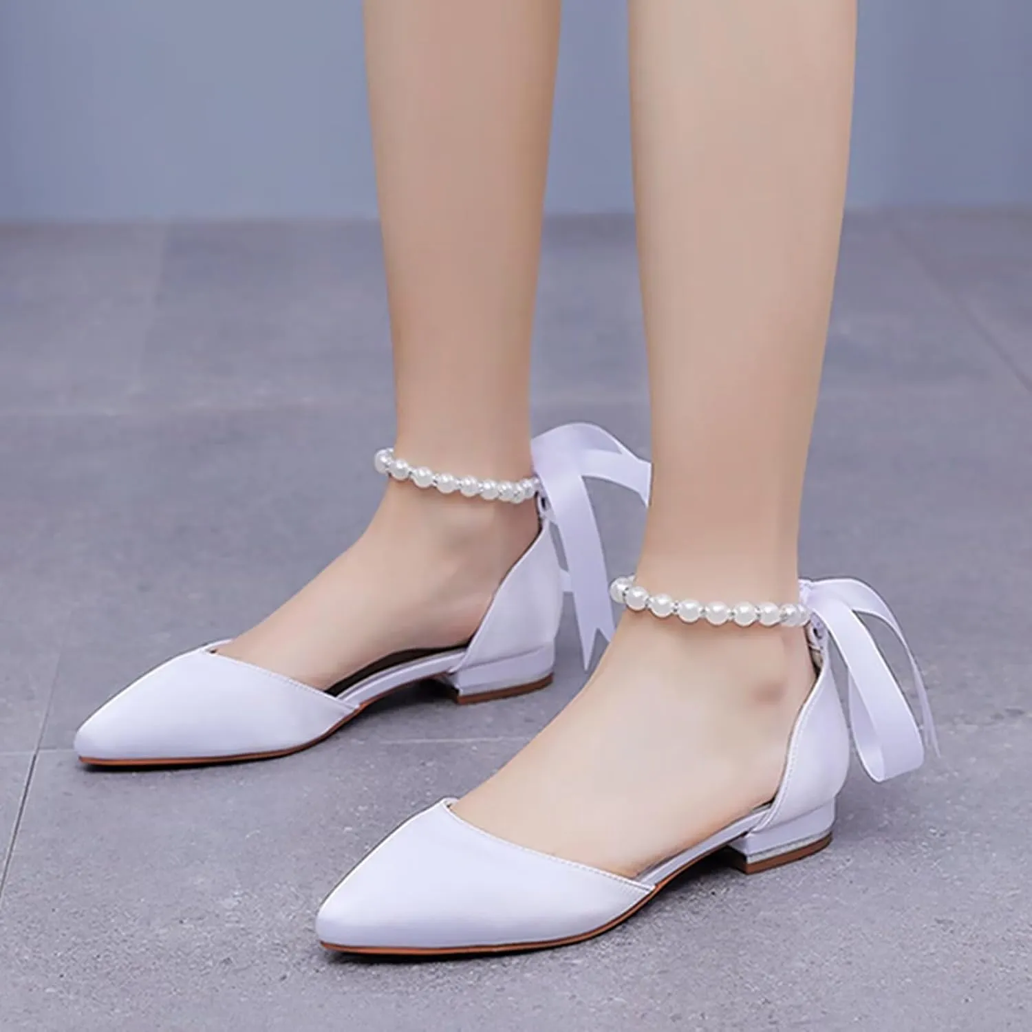 HNVAVQ Women Pointed Toe Bridal Flats Pumps Satin Wedding Dress Shoes Ballet Flats Pearls Ankle Strap Evening Party Chunky Block Low Heels Sandals