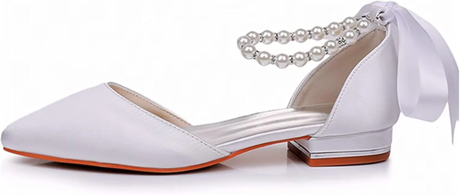 HNVAVQ Women Pointed Toe Bridal Flats Pumps Satin Wedding Dress Shoes Ballet Flats Pearls Ankle Strap Evening Party Chunky Block Low Heels Sandals