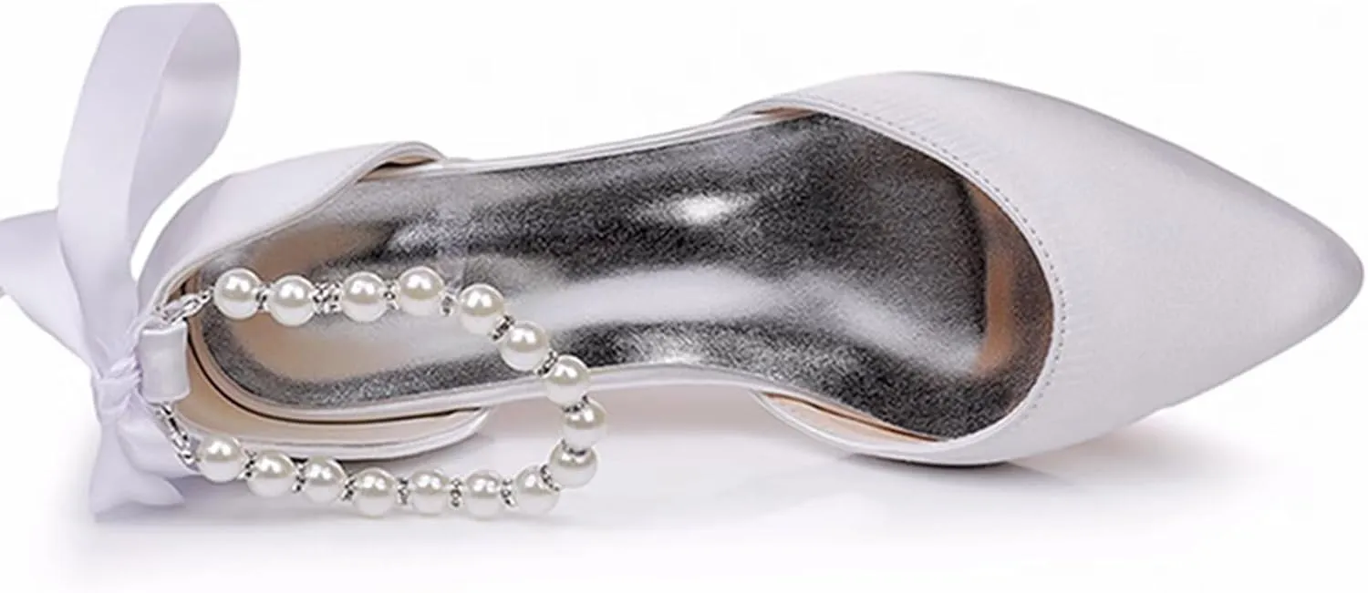 HNVAVQ Women Pointed Toe Bridal Flats Pumps Satin Wedding Dress Shoes Ballet Flats Pearls Ankle Strap Evening Party Chunky Block Low Heels Sandals