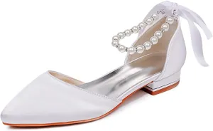 HNVAVQ Women Pointed Toe Bridal Flats Pumps Satin Wedding Dress Shoes Ballet Flats Pearls Ankle Strap Evening Party Chunky Block Low Heels Sandals
