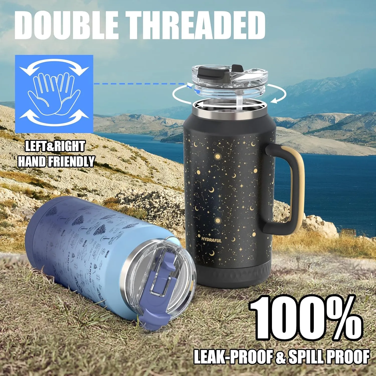 Hydraful 64 oz Tumbler with Handle and Straw - 100% Leak-Proof - Insulated Cup Reusable Stainless Steel Large Water Bottle Travel Mug for Gym, Hiking, and Camping - Gifts for Women Men Him Her