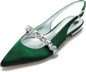 Hyinlays Women's Closed Toe Wedding Flats Slingback Pump Shoes for Bride Satin Crystal Pointed Toe Formal Party Flat Sandals