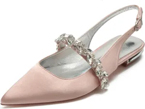 Hyinlays Women's Closed Toe Wedding Flats Slingback Pump Shoes for Bride Satin Crystal Pointed Toe Formal Party Flat Sandals