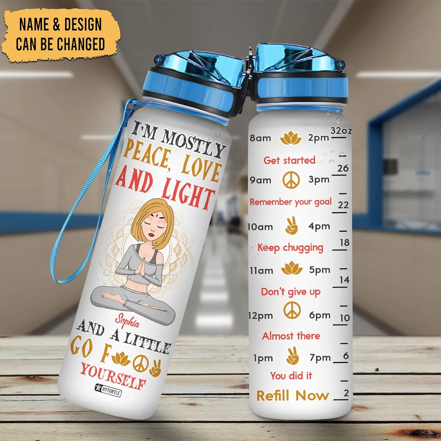Hyturtle Personalized I'm Mostly Peace Love And Light Yoga 32Oz Liter Motivational Water Bottle, Customized Name With Time Marker, Gifts For Women Girls Yoga Lovers On Birthday Mother's Day