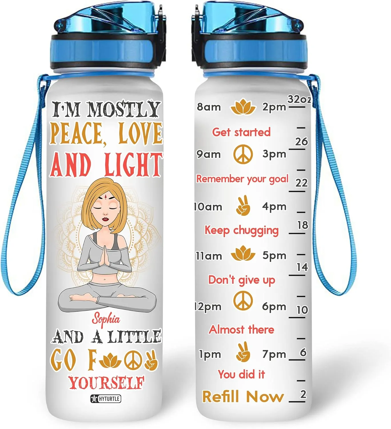 Hyturtle Personalized I'm Mostly Peace Love And Light Yoga 32Oz Liter Motivational Water Bottle, Customized Name With Time Marker, Gifts For Women Girls Yoga Lovers On Birthday Mother's Day