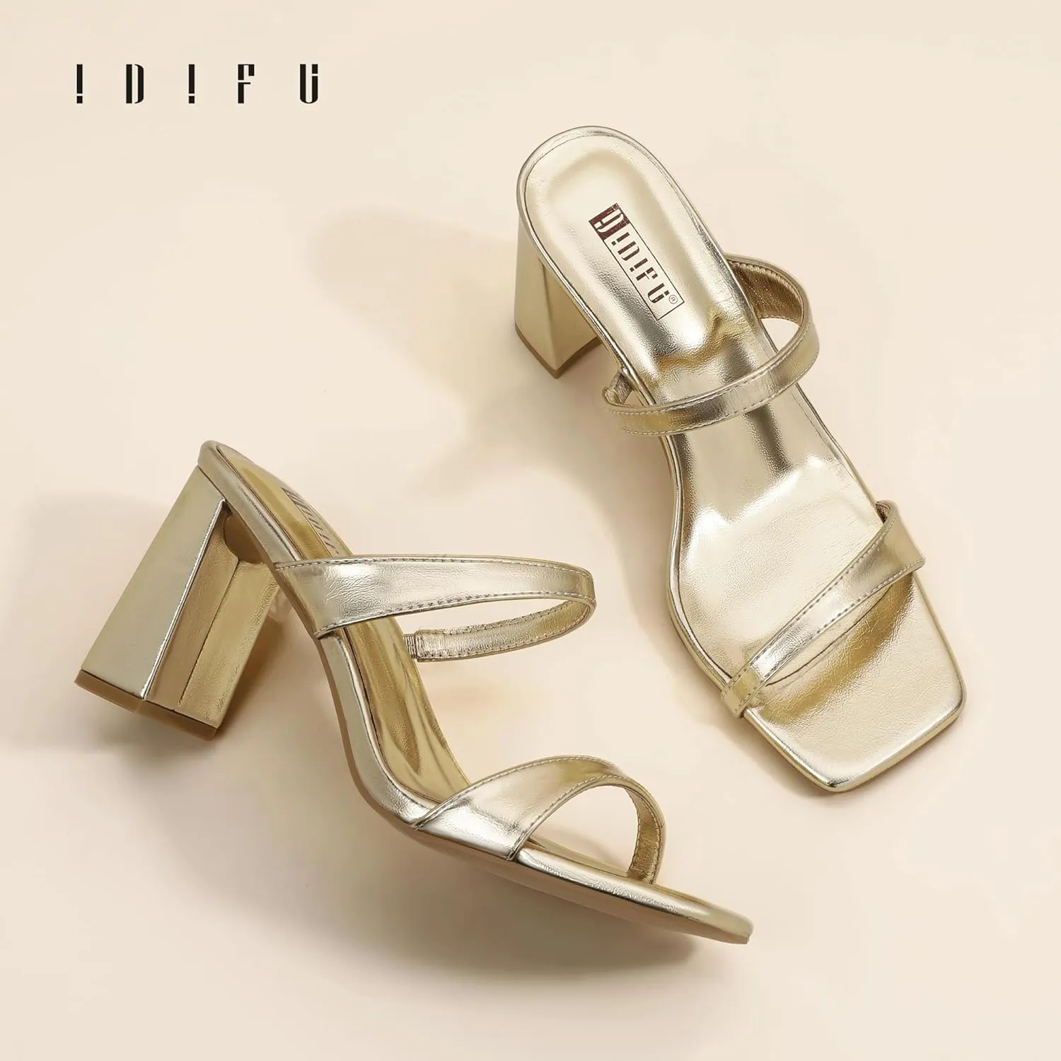 IDIFU IN3 Chunky Block Heels for Women Square Open Toe Heels Comfortable Sexy Summer Cute Trendy Slides Heeled Sandals Prom Wedding Party Dress Shoes for Women Two Strap Slip On Mules Low Short Heels
