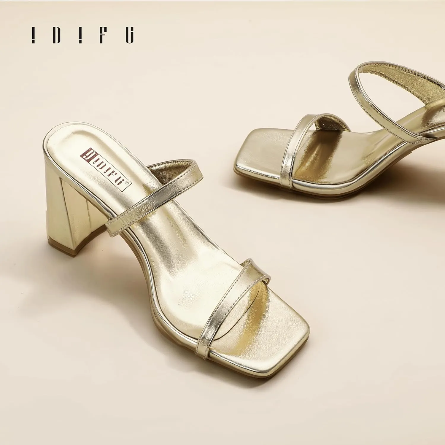 IDIFU IN3 Chunky Block Heels for Women Square Open Toe Heels Comfortable Sexy Summer Cute Trendy Slides Heeled Sandals Prom Wedding Party Dress Shoes for Women Two Strap Slip On Mules Low Short Heels