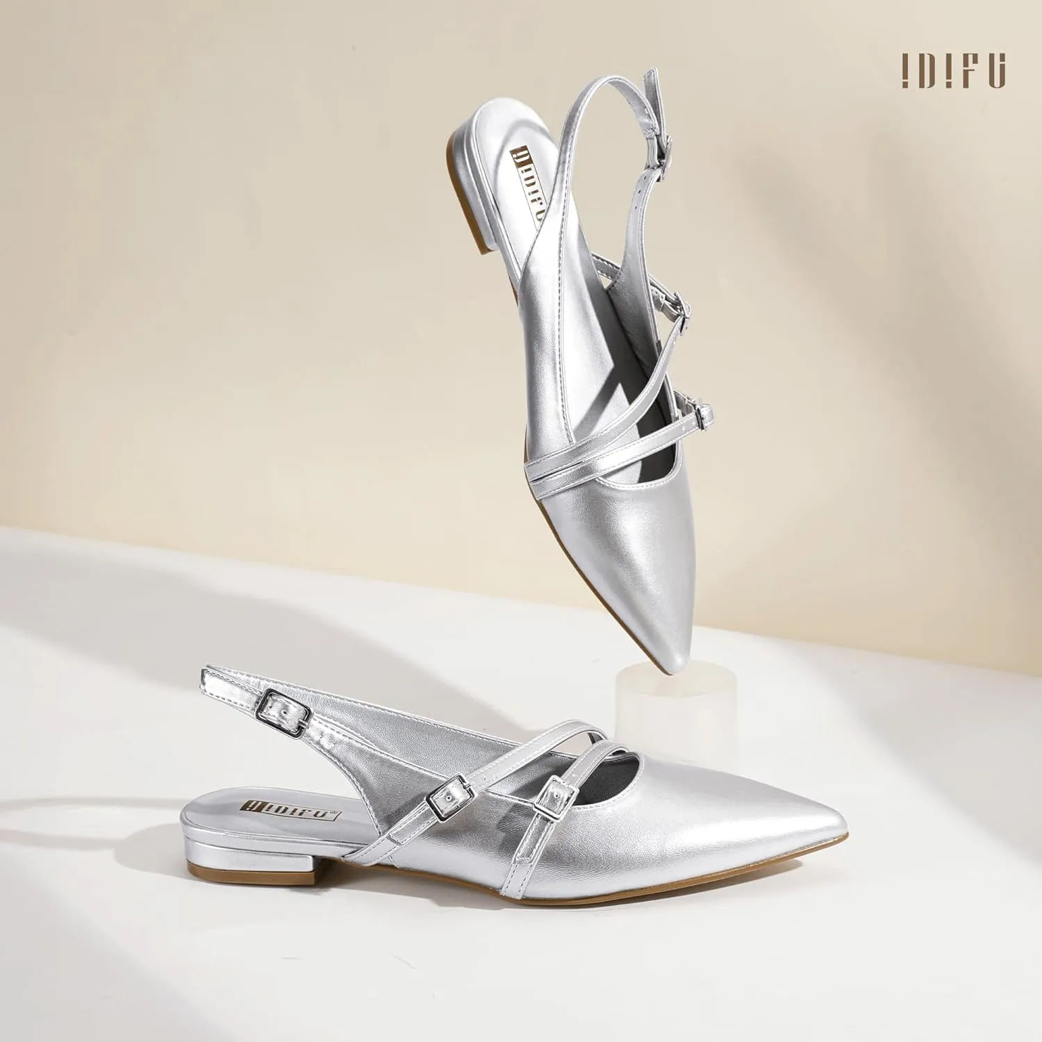 IDIFU Women's Flat Shoes Pointed Toe Strappy Slingback Ballet Flats Wedding Office Work Bridal Formal Dress Shoes for Women Dressy Comfortable Cute Trendy Ladies Flats