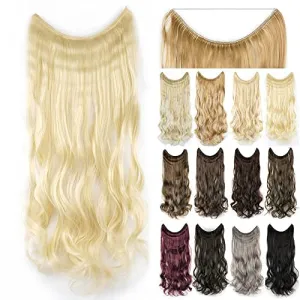 IMISSU 22'' 26'' Long Body Wavy Hair Extensions Fish Line Hairpiece Synthetic Invisible Secret Wire Headwear Flip Curly Hair Extension Pieces (26 Inch, 613 Blonde)