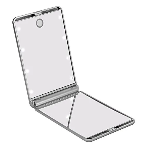 Impressions Vanity Touch up Bifold Compact Mirror with 8 Bright White LEDs - Compact Makeup Mirror - Personal Mirror With LED - Makeup Mirror - Shimmery Silver