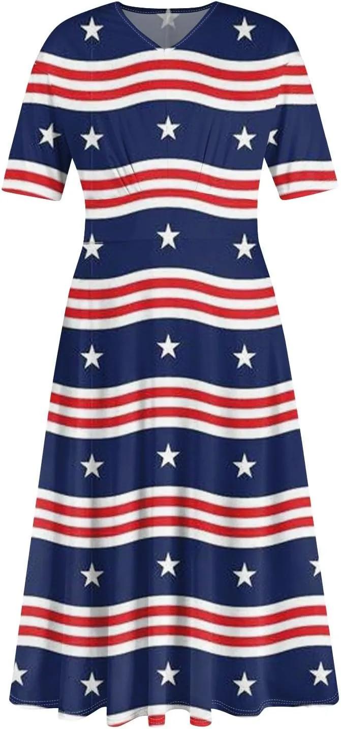 Independence Day Maxi Dresses for Women 2024 Short Sleeve Stars Stripes A-Line Summer Dresses, Small-5X-Large