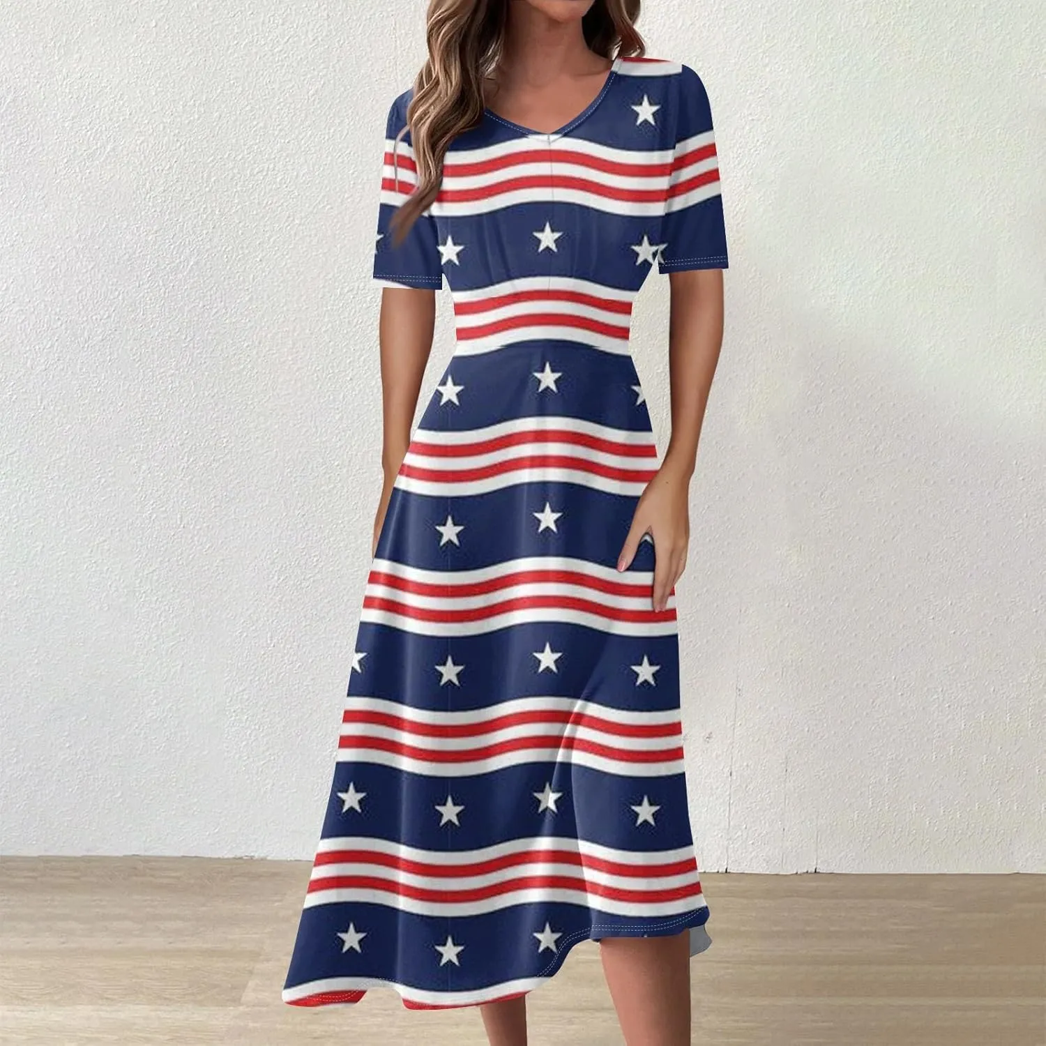 Independence Day Maxi Dresses for Women 2024 Short Sleeve Stars Stripes A-Line Summer Dresses, Small-5X-Large