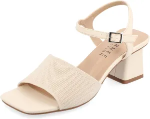 Journee Womens Knit Buckle Ankle Strap Covered Block Heel Open Square Toe Evylinn Comfort Foam Sandals