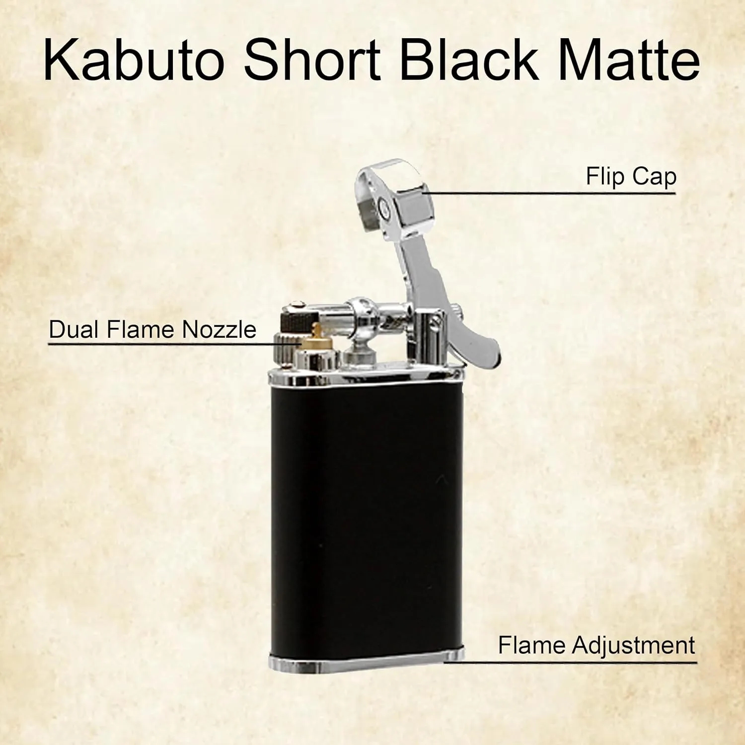 Kabuto Japanese Pipe Lighter - Soft Angled Flame, Adjustable, Uses Flint & Butane, Travel Friendly, Flip Top, Small Pocket Size (Short Black Matte)