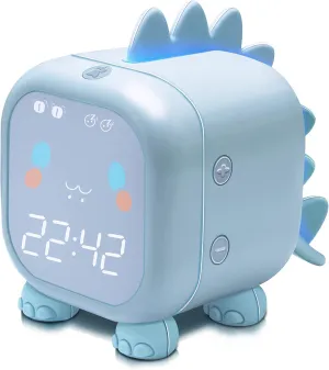 Kids Alarm Clock with Dinosaur, Digital Alarm Clock for Kids Bedroom, Cute Bedside Clock Children's Sleep Trainier, Wake Up Light and Night Light with USB for Boys Girls Birthday Gifts. (Blue)