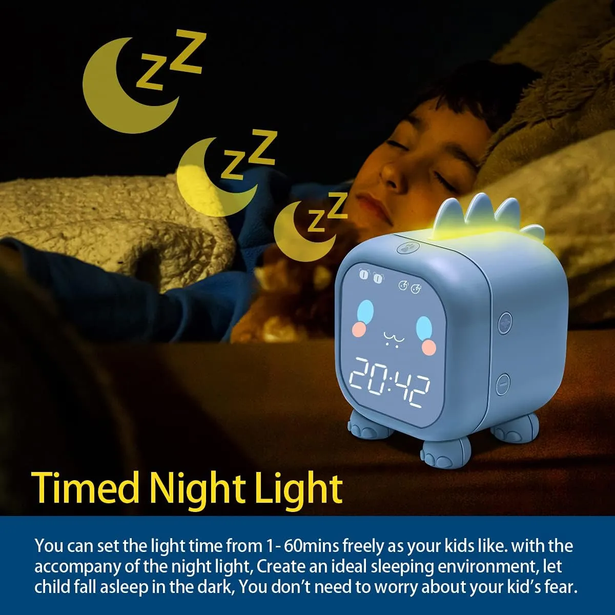 Kids Alarm Clock with Dinosaur, Digital Alarm Clock for Kids Bedroom, Cute Bedside Clock Children's Sleep Trainier, Wake Up Light and Night Light with USB for Boys Girls Birthday Gifts. (Blue)