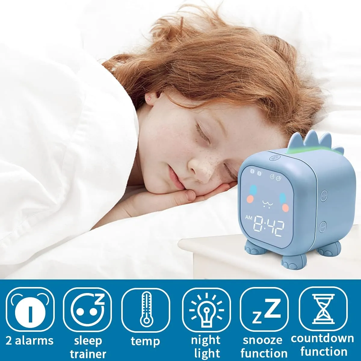 Kids Alarm Clock with Dinosaur, Digital Alarm Clock for Kids Bedroom, Cute Bedside Clock Children's Sleep Trainier, Wake Up Light and Night Light with USB for Boys Girls Birthday Gifts. (Blue)