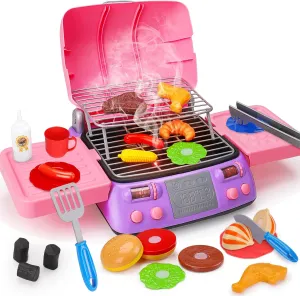 Kids BBQ Grill Playset Kitchen Toy Set with Pretend Smoke Sound Light Toddler Girls Pink Play Food Ages 2-4 3-5 4-8 Indoor Outdoor Cooking Barbecue Toys for 2 3 4 Year Old Girl Birthday Gift