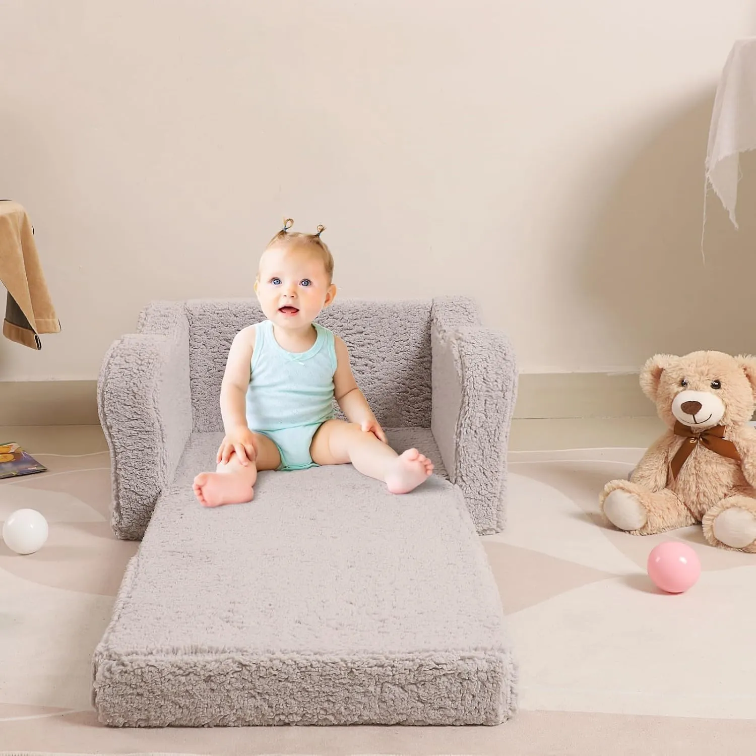 Kids Chairs for Toddler, 2-in-1 Toddler Soft Sherpa Couch Fold Out, Convertible Sofa to Lounger for Girls and Boys, Grey