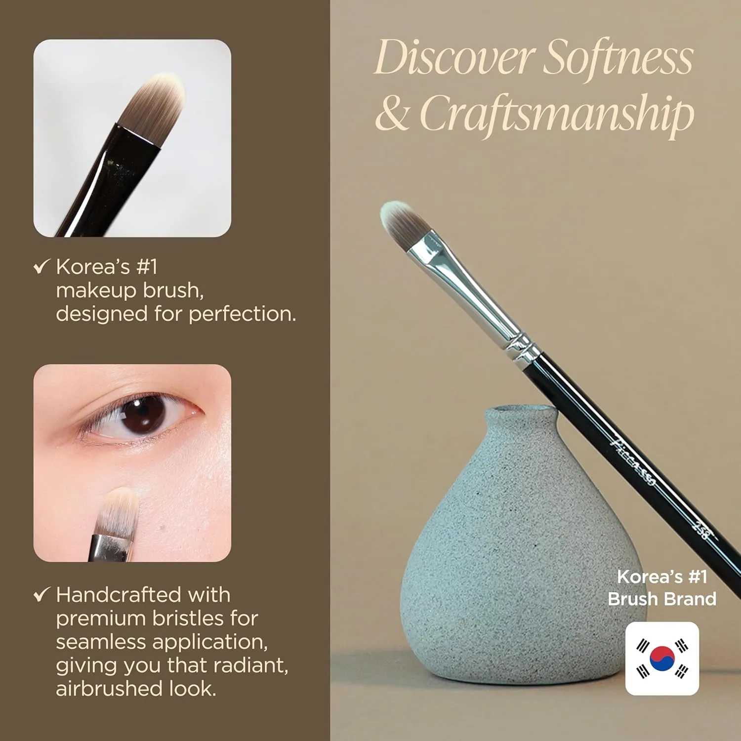 Korean Piccasso Brush 258 Concealer Brush – Professional Contour stuff for Precision Application, Ideal for Under-Eye and Face Makeup, Perfect for Liquid Blush Brush, K-Beauty