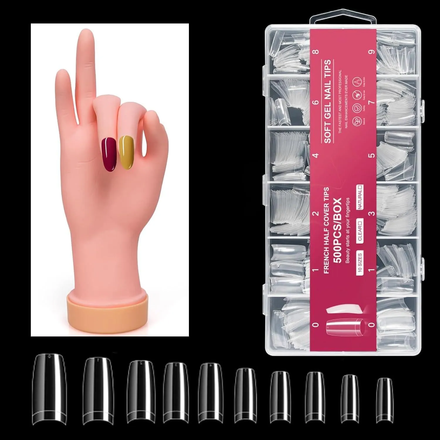 krofaue 500PCS Clear False Nails Tips, Half Cover Lady French Style Acrylic Artificial Tip & Practice Nail Tips Art Trainer Training Hand Tool Flexible Bendable Movable Fake Mannequin Right Hand