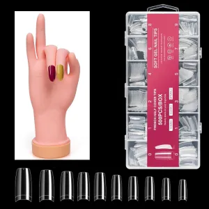 krofaue 500PCS Clear False Nails Tips, Half Cover Lady French Style Acrylic Artificial Tip & Practice Nail Tips Art Trainer Training Hand Tool Flexible Bendable Movable Fake Mannequin Right Hand