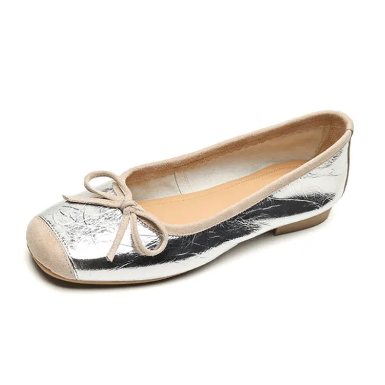 Ladies Round Toe Suede Bow Detail Flat Ballet Shoes