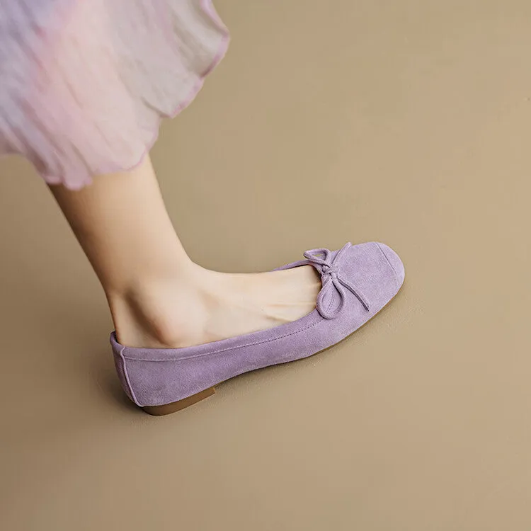 Ladies Round Toe Suede Bow Detail Flat Ballet Shoes