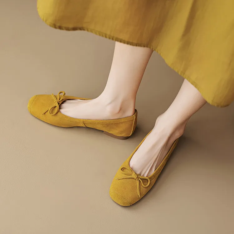 Ladies Round Toe Suede Bow Detail Flat Ballet Shoes
