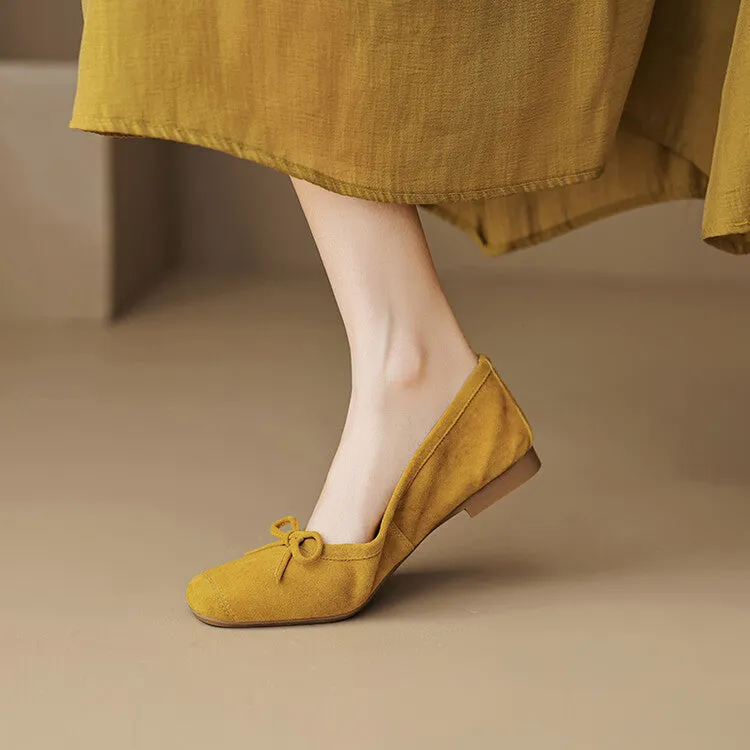 Ladies Round Toe Suede Bow Detail Flat Ballet Shoes
