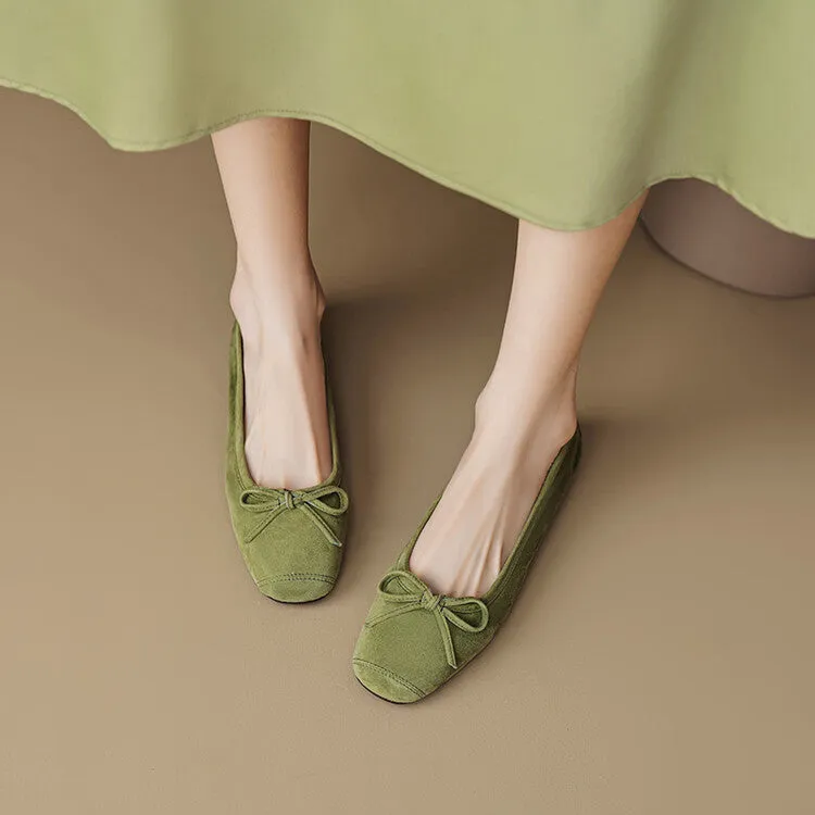 Ladies Round Toe Suede Bow Detail Flat Ballet Shoes