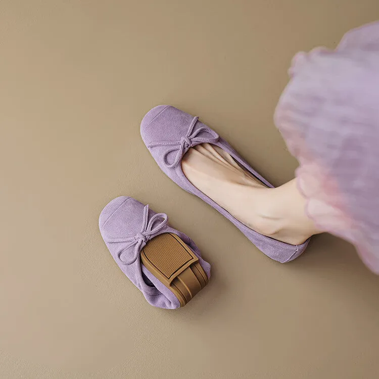 Ladies Round Toe Suede Bow Detail Flat Ballet Shoes