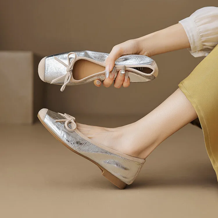 Ladies Round Toe Suede Bow Detail Flat Ballet Shoes