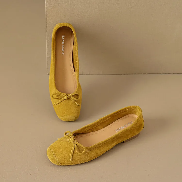 Ladies Round Toe Suede Bow Detail Flat Ballet Shoes