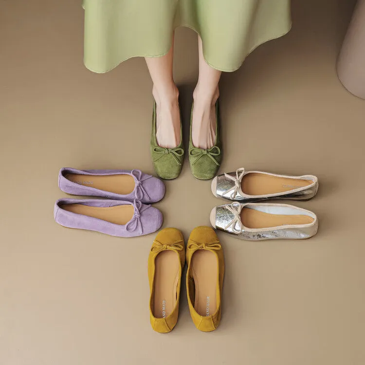 Ladies Round Toe Suede Bow Detail Flat Ballet Shoes
