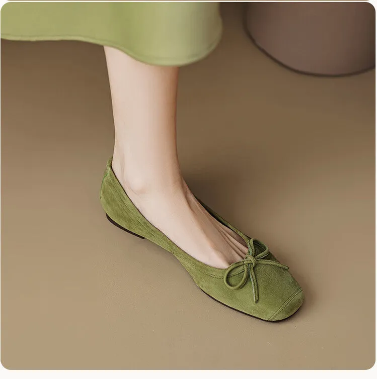 Ladies Round Toe Suede Bow Detail Flat Ballet Shoes